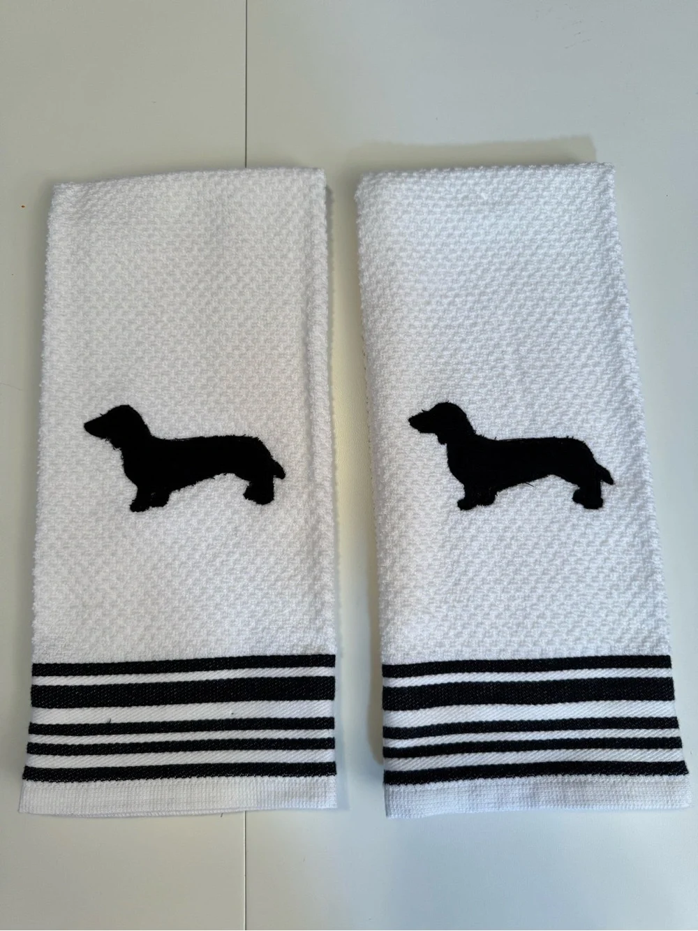 White Embroidered Kitchen Towels with Black Dachshund NEW Made to order